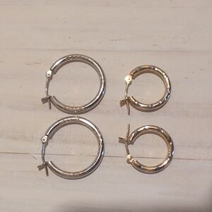 14K Yellow & White Gold Hollow Hoop Earrings - Set Of Two